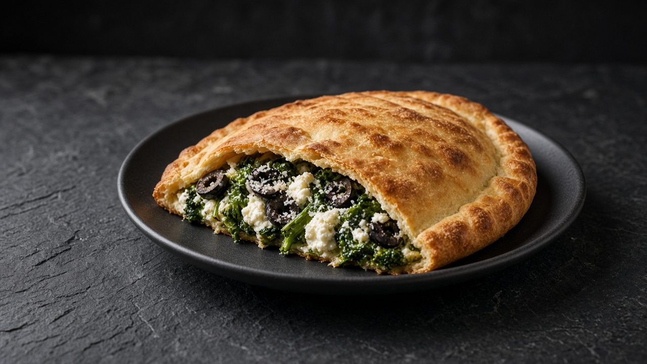 A large golden calzone folded in half, cut open to show dark green broccoli rabe, white ricotta and black olive slices.