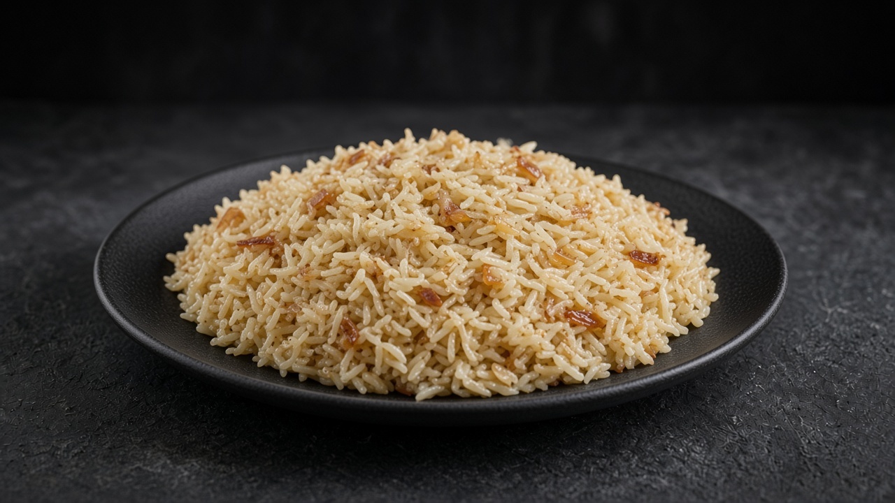 A scoop of oven-baked onion rice on a matte dark plate.