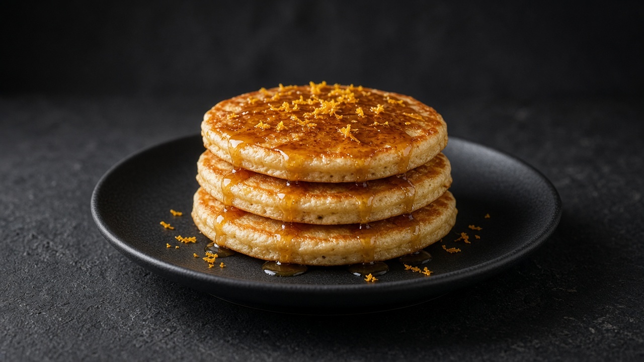 Golden pancakes flecked with orange zest, stacked and drizzled with maple syrup.