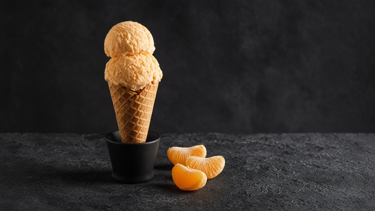 Pale orange frozen yoghurt scoops in a cone beside orange segments.