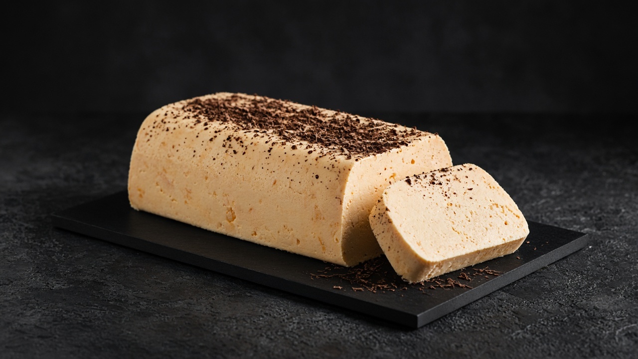 A pale orange semifreddo loaf topped with grated dark chocolate, with one slice cut.
