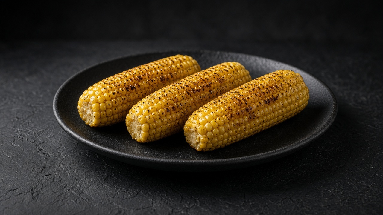 Butter-roasted corn cobs with blistered kernels on a matte dark plate.