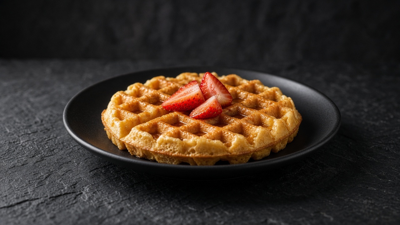 A deep golden, airy waffle made with browned butter, served with maple syrup and sliced strawberries.