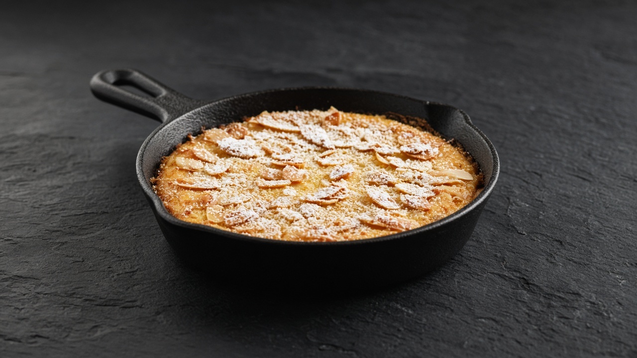 A golden lemon and almond tart in a small frying pan, scattered with flaked almonds and icing sugar.