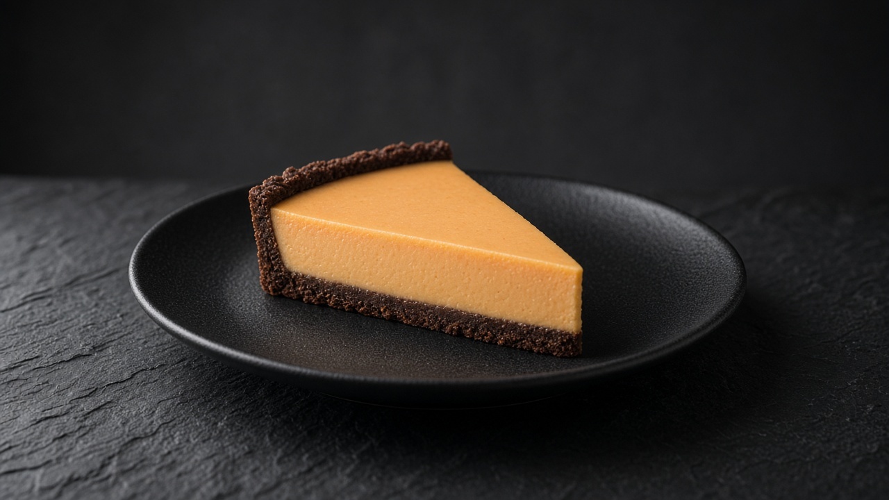 A slice of tart with a dark chocolate pastry case and a smooth, pale orange passion fruit curd filling.