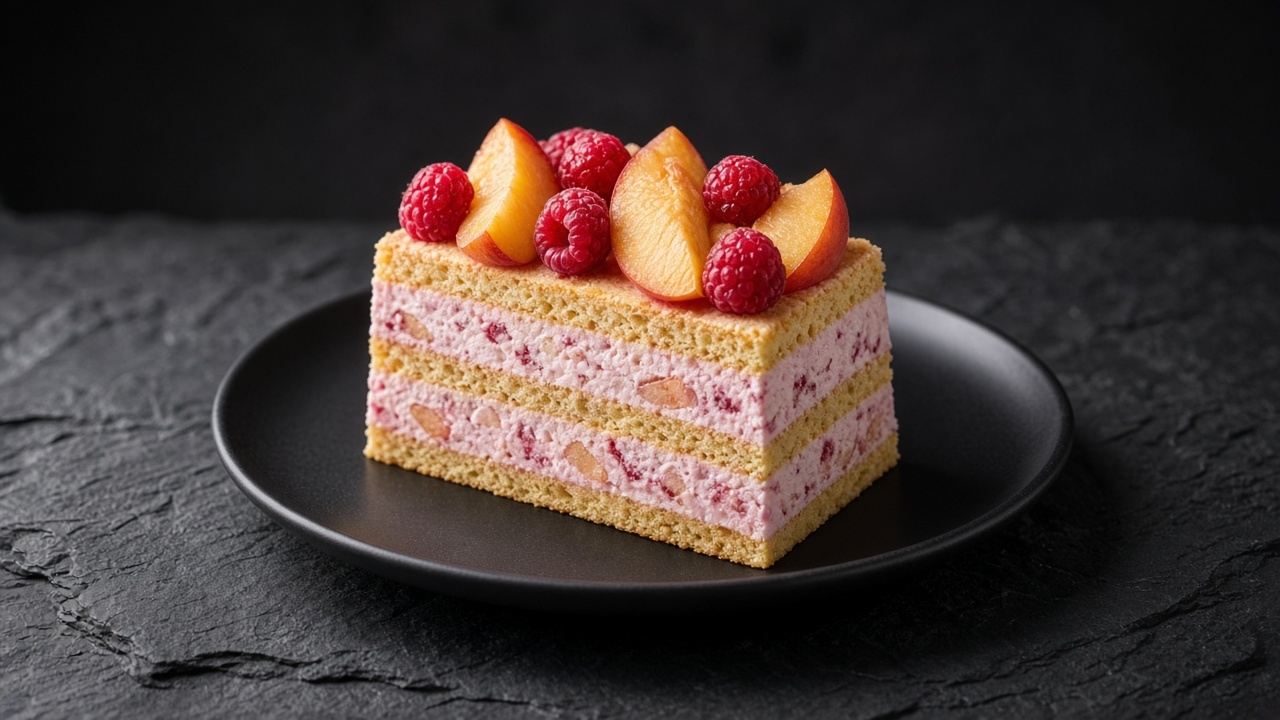 A slice of frozen cake with layers of pink fruit cream and thin sponge, topped with sliced peach and fresh raspberries.