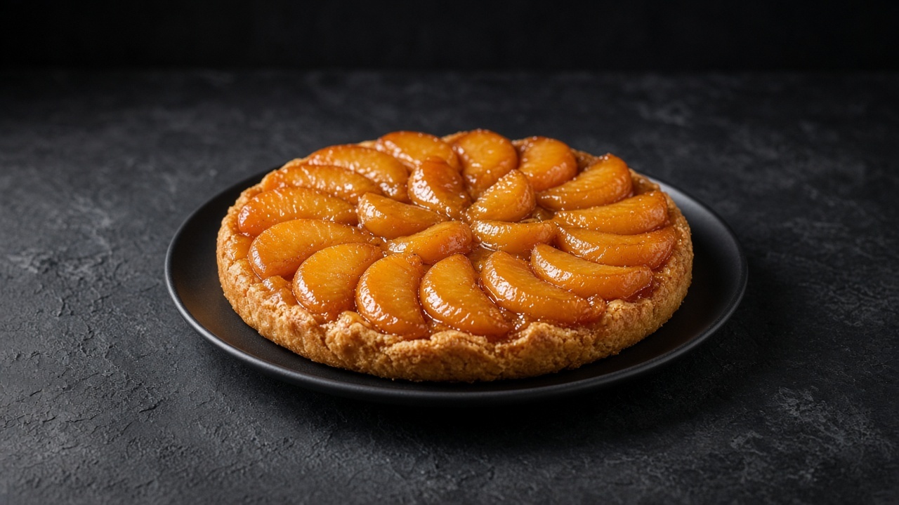 A turned-out peach tarte Tatin with glossy amber peach quarters packed on a golden crust.