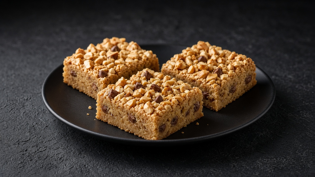 Peanut butter blondie bars with milk chocolate chips and chopped peanuts on top.