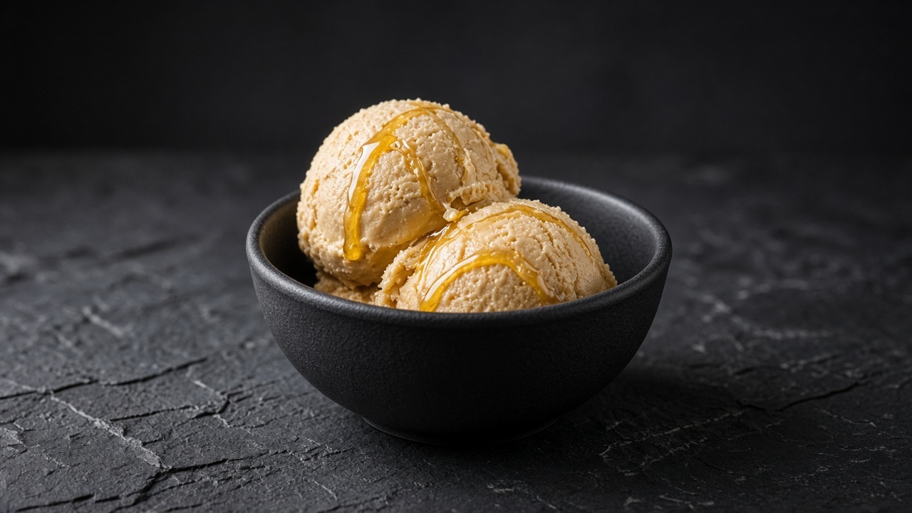 Two scoops of pale tan peanut butter custard ice cream with ribbons of golden honey in a black bowl.