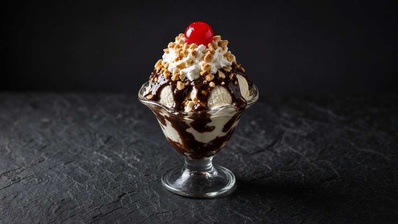A glass sundae dish of vanilla ice cream with chocolate peanut fudge sauce, whipped cream, chopped peanuts and a red cherry.