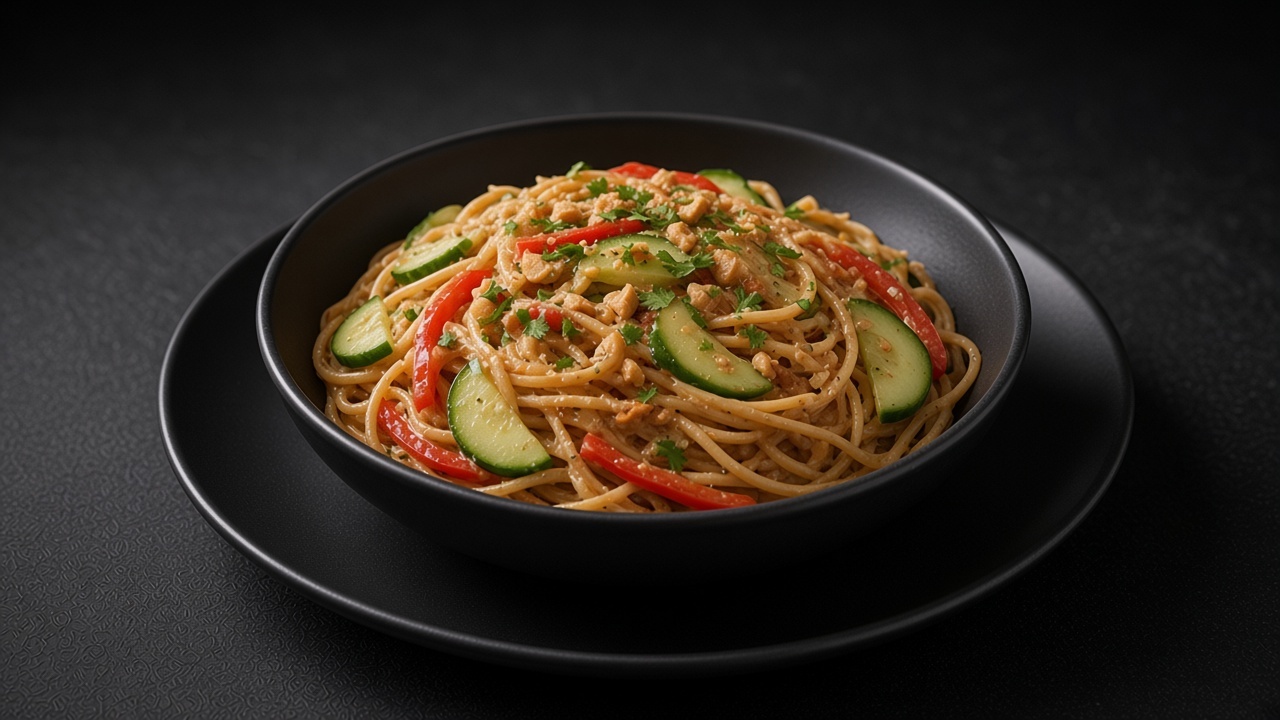 Cold spaghetti tossed in a peanut butter and soy dressing with cucumber slices, red pepper strips and chopped coriander in a matte black bowl.