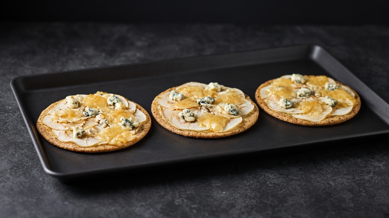 Three individual pizzas with paper-thin layers of pale pear, melted Gruyère and crumbled blue cheese on a rye-flecked crust.