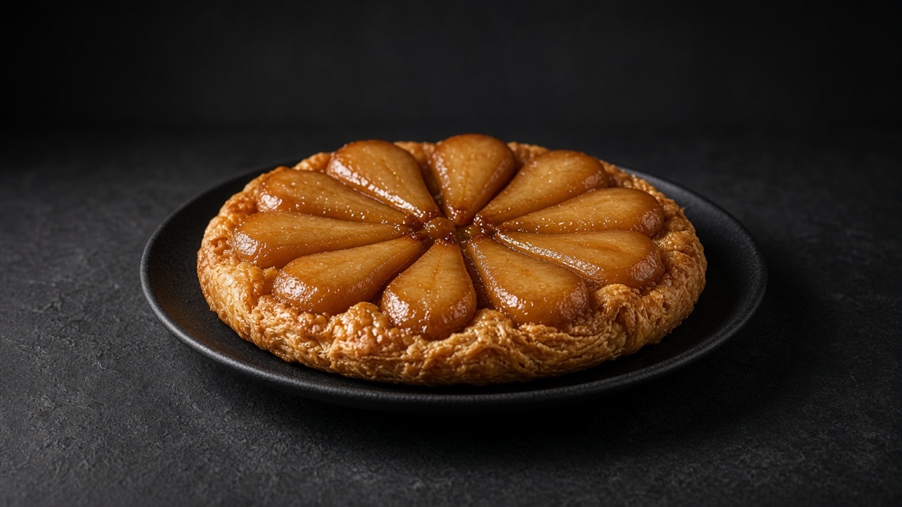 A pear tarte Tatin with caramel-brown pear halves arranged like wheel spokes on a pastry base.