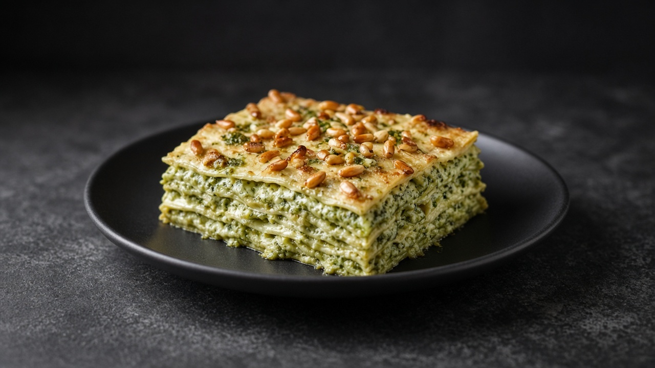 A slice of pale green pesto lasagne topped with golden pine nuts.