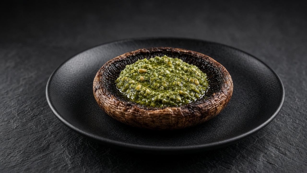 Large roasted portobello mushroom cap with basil pesto filling its shallow cavity.