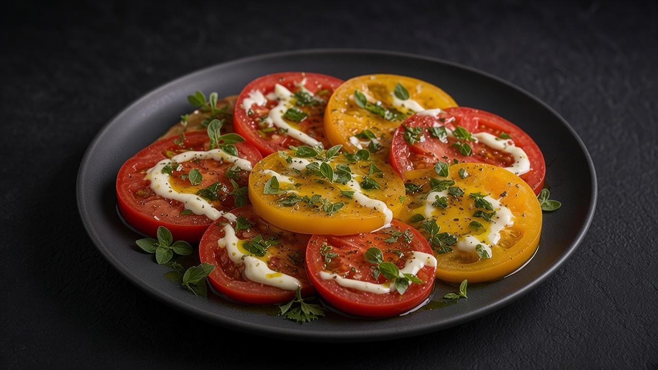 Overlapping heirloom tomato slices with a thin mayonnaise coating, chopped green herbs and olive oil on a matte dark plate.