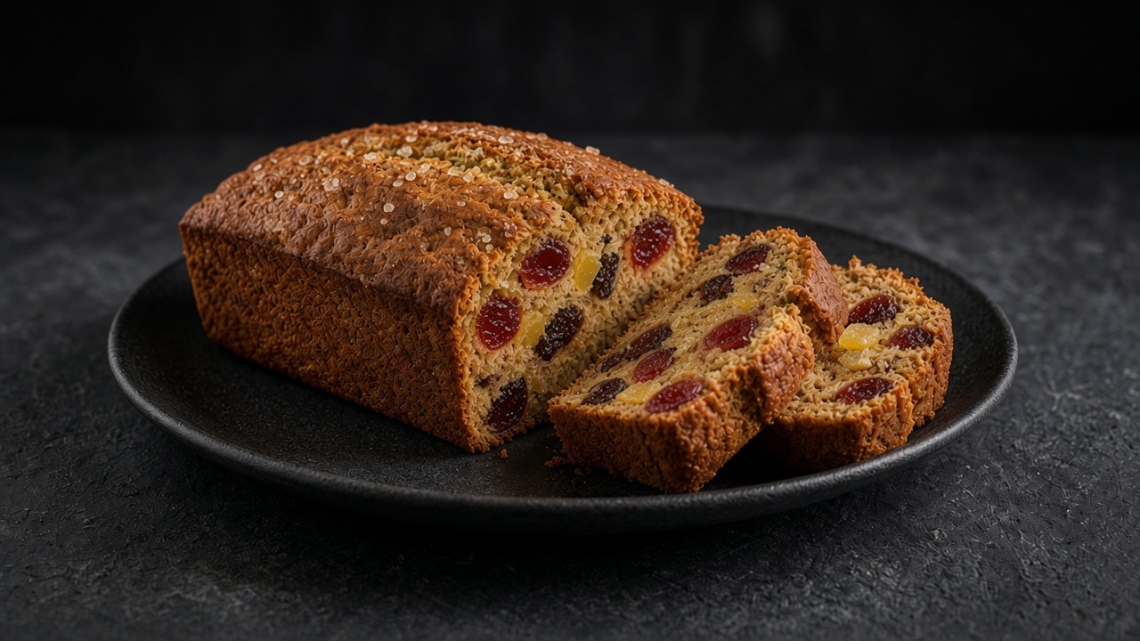 A pineapple and cherry fruitcake loaf, with slices cut to show glacé cherries and dried fruit, on a matte black plate.