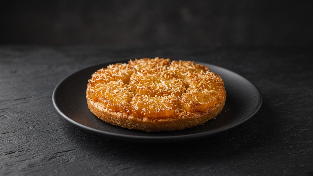 A golden pineapple tarte tatin with caramelised pineapple under a generous scattering of toasted coconut.