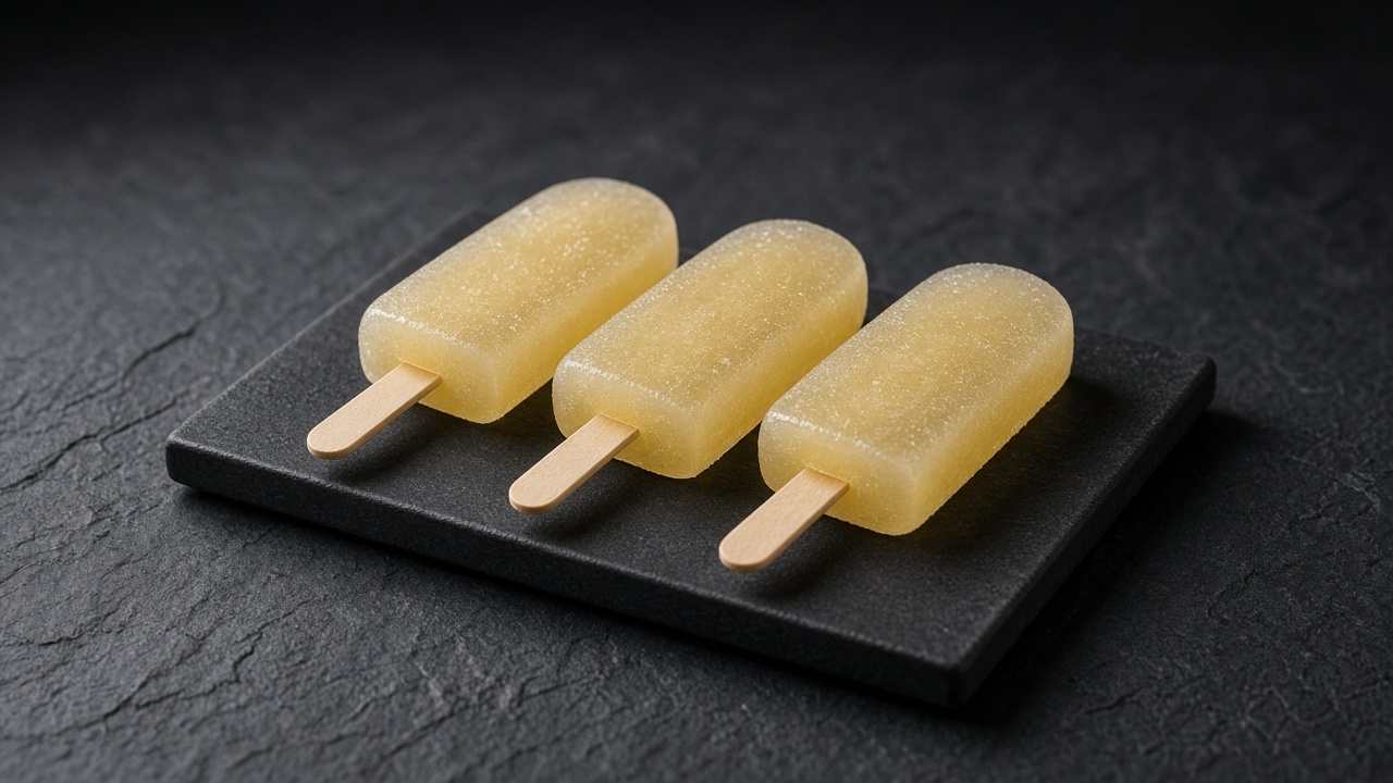 Three pale golden pineapple ginger ice pops on wooden sticks on a black slate tray.