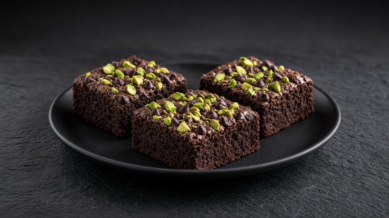 Cocoa brownie squares with chocolate chips and bright green chopped pistachios on top.