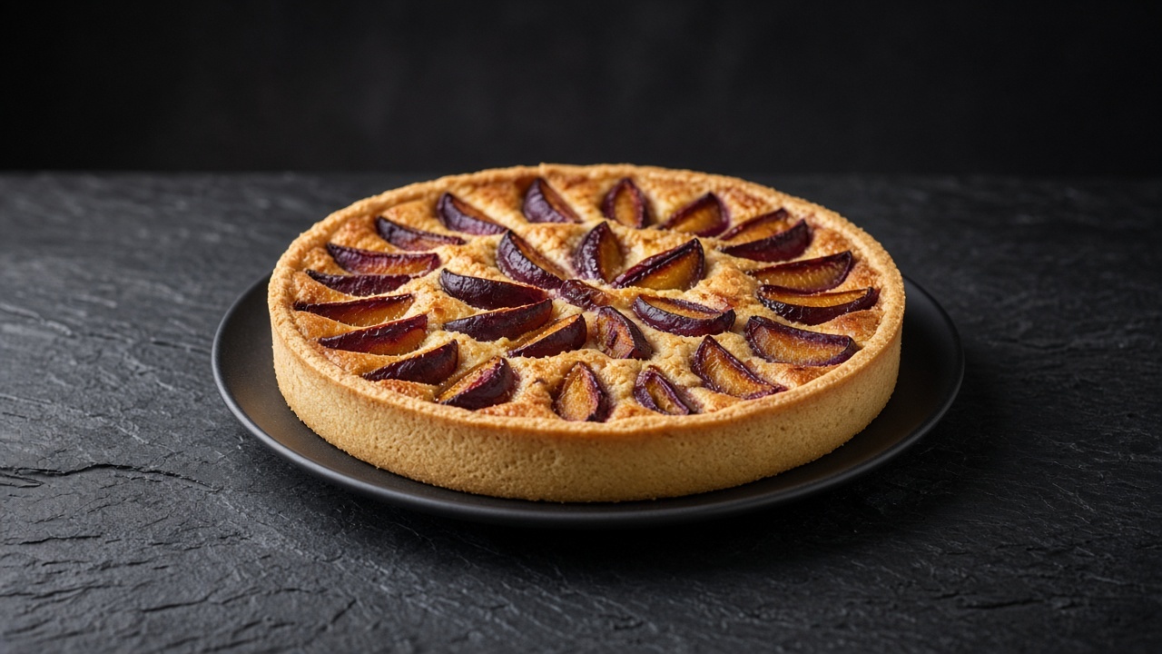A large tart with overlapping rings of purple plum wedges on puffed golden almond cream.