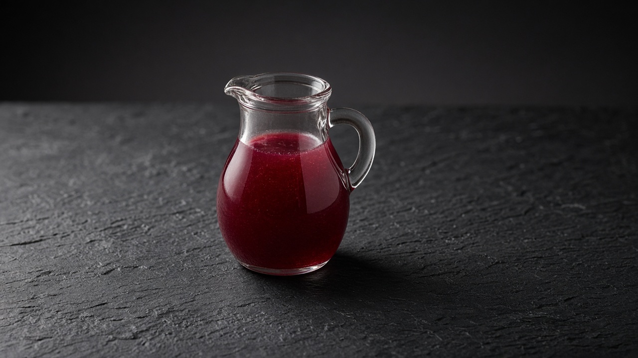A small glass jug of deep red pomegranate honey vinaigrette.