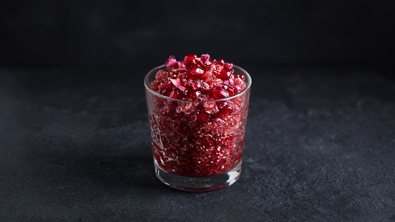 A small glass of ruby-red pomegranate granita topped with pomegranate seeds and dried rose petals.