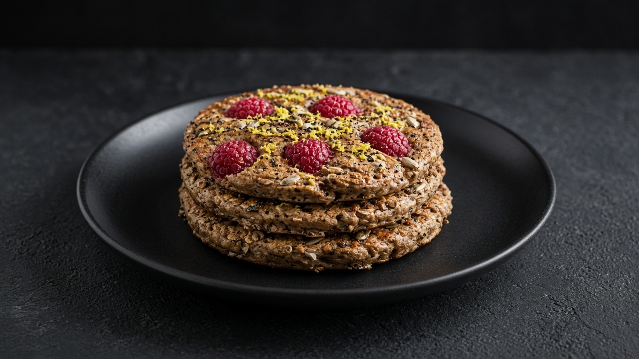 A stack of speckled wholemeal pancakes studded with seeds and raspberries, flecked with lemon zest.