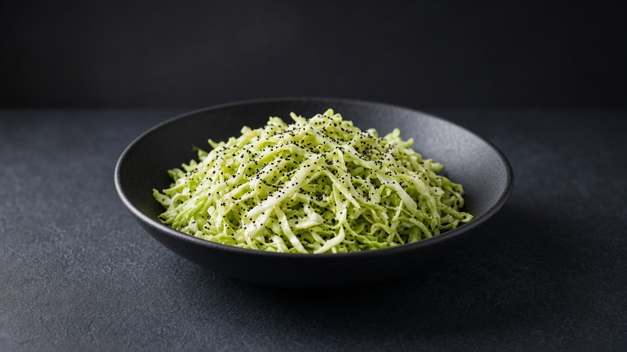 A bowl of finely shredded pale green cabbage glossy with vinaigrette and speckled with black poppy seeds.