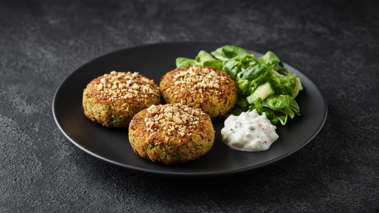 Three walnut-crusted potato and broccoli patties served with yoghurt raita and a fresh green salad.