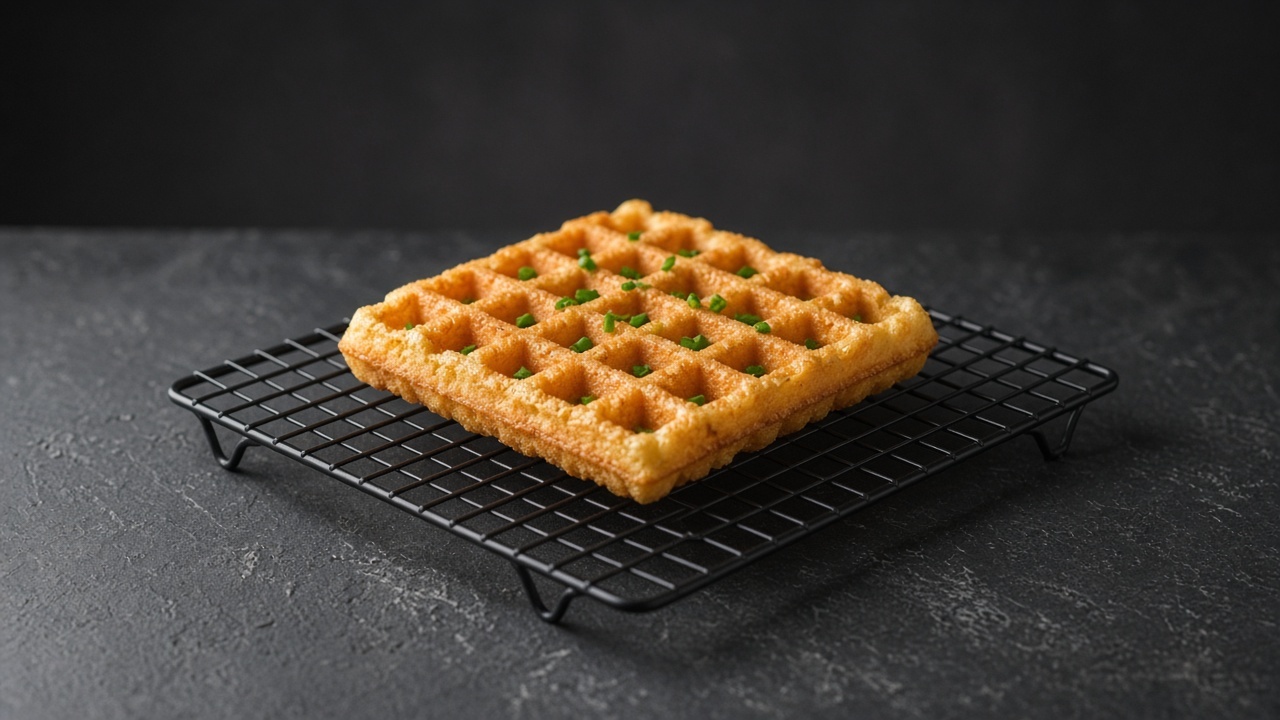 A crisp, golden potato waffle flecked with chives, cooling on a wire rack.