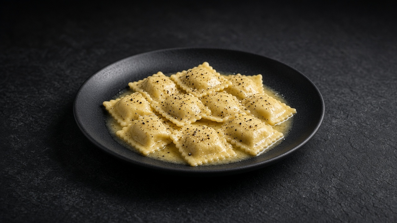 Ricotta ravioli in a silky olive oil sauce with black pepper on a black plate.