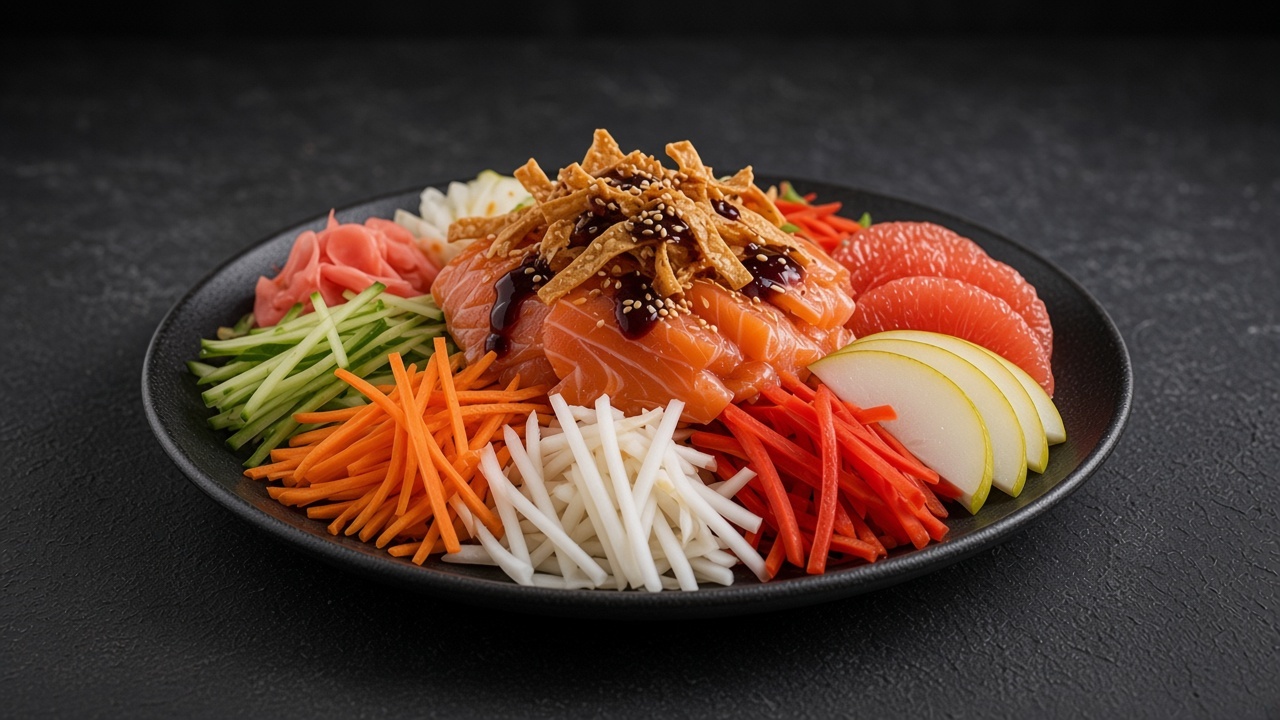 Yee sang prosperity salad with salmon, crisp wonton strips, shredded vegetables, pear and grapefruit on a matte black platter.