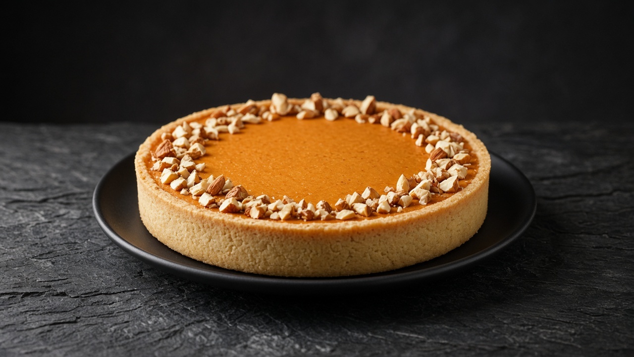 A smooth orange pumpkin tart flecked with chopped almonds in a pale shortcrust case.