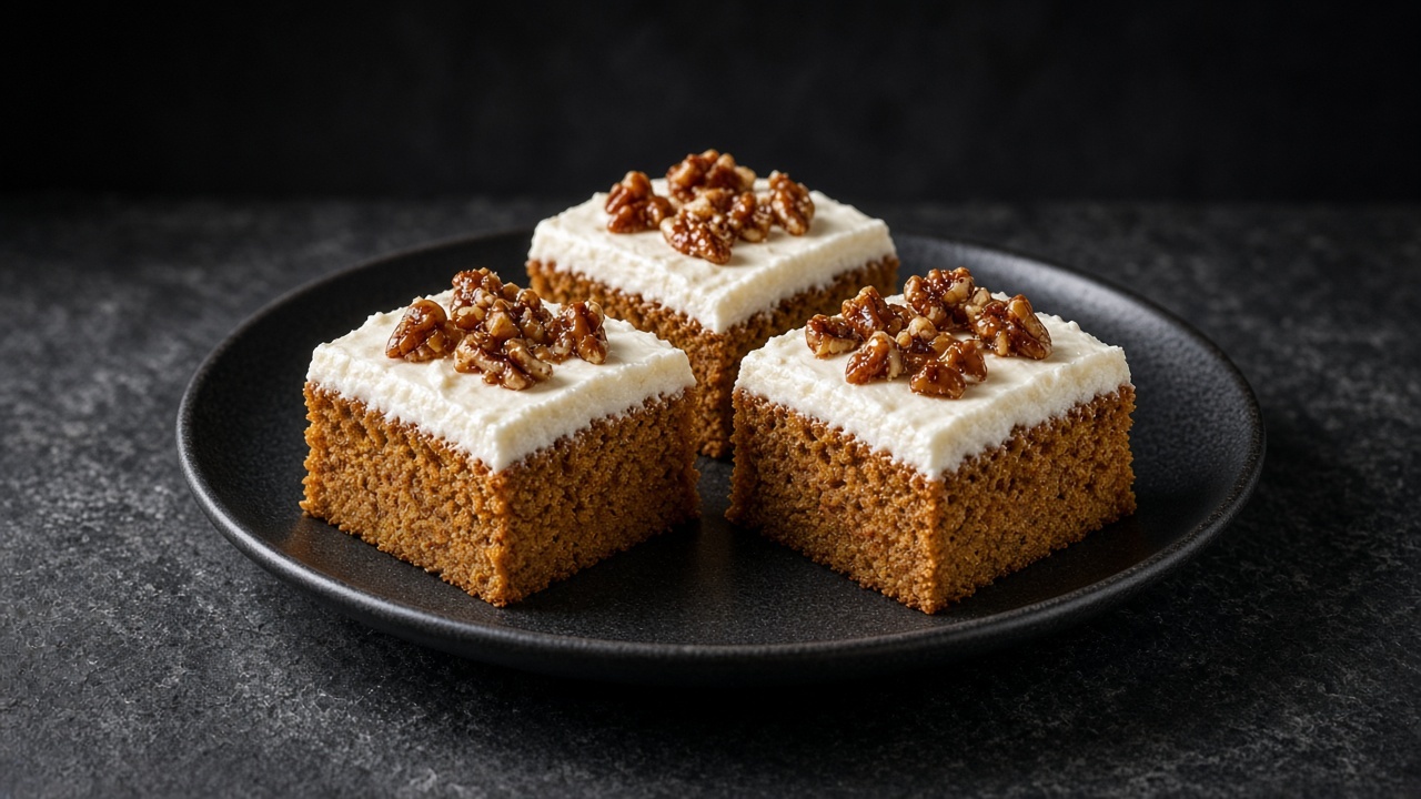 Squares of spiced pumpkin sheet cake topped with thick cream cheese frosting and chopped glazed pecans on a matte black plate.