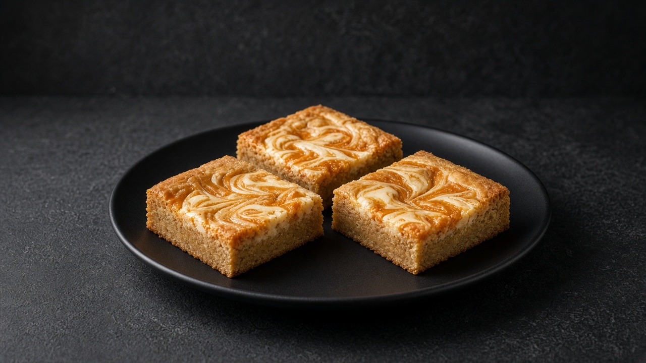 Golden blondie squares marbled with orange spiced pumpkin cream cheese.