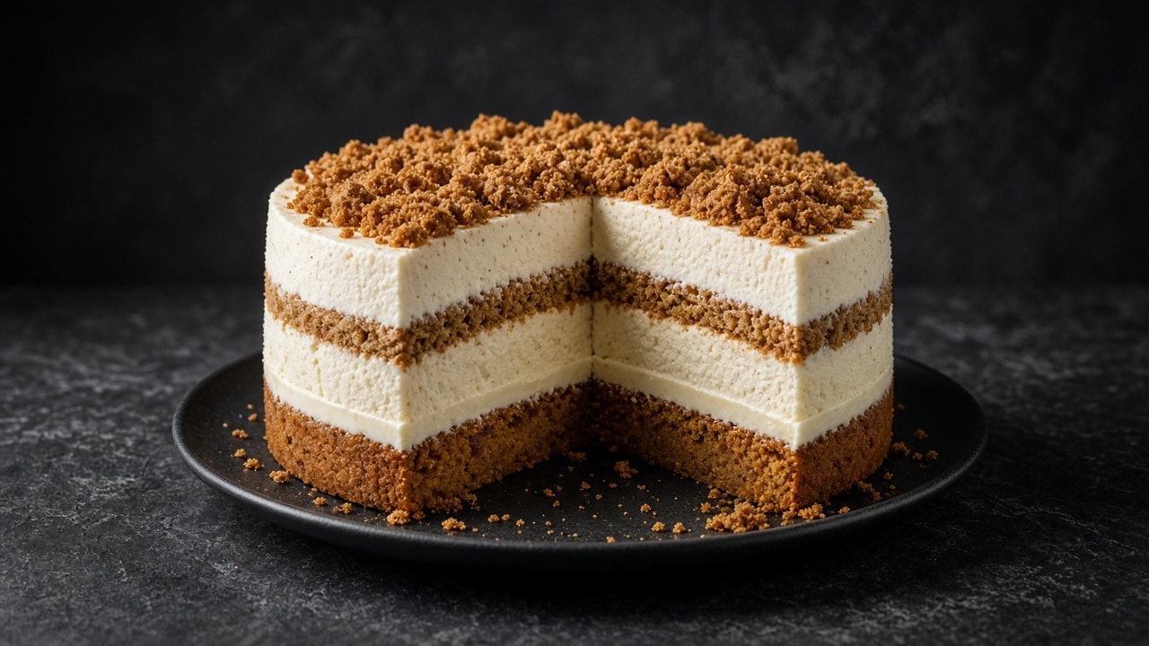 A tall layered ice cream cake cut open to show a spiced pumpkin blondie base, gingersnap crumble and vanilla ice cream layers, topped with crumble.