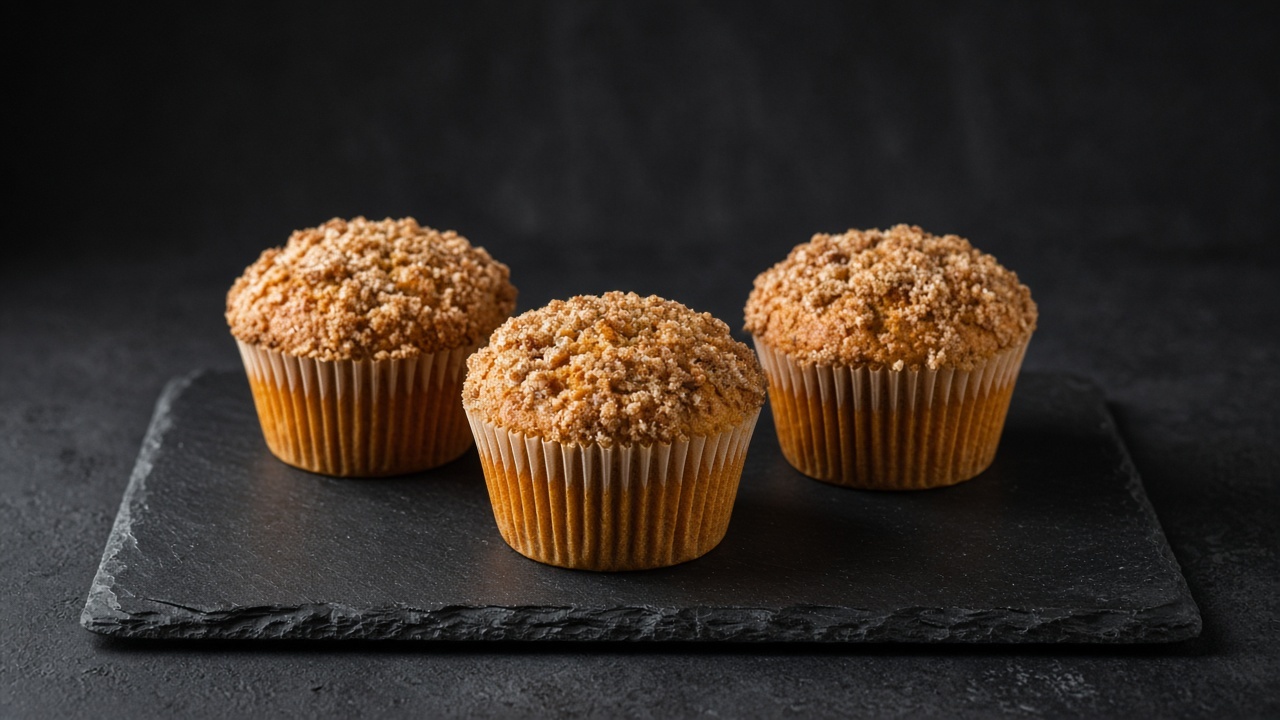 Orange-tinged pumpkin muffins with a thick sugary crumb top, in paper cases.