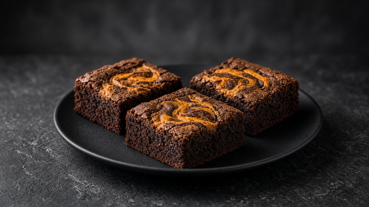 Chocolate brownie squares with orange pumpkin swirls marbled through the top.