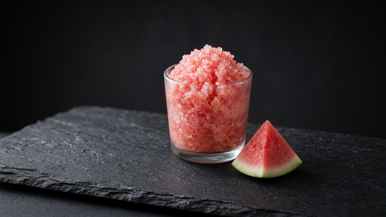 Pink watermelon granita in a glass with a small watermelon wedge.