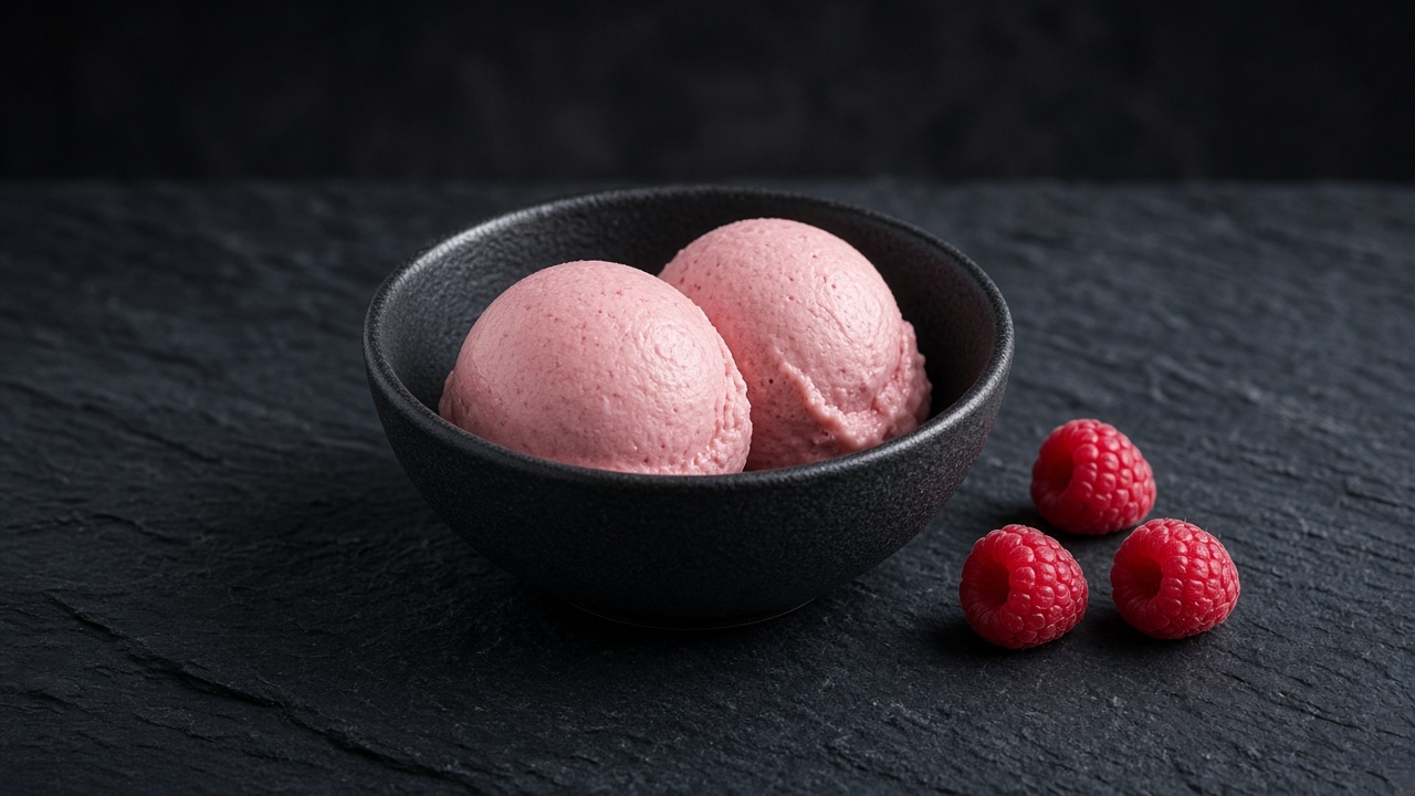 Two scoops of pink raspberry custard ice cream in a black bowl beside three fresh raspberries.