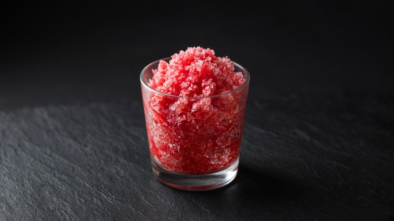 Bright red raspberry granita crystals in a chilled glass.