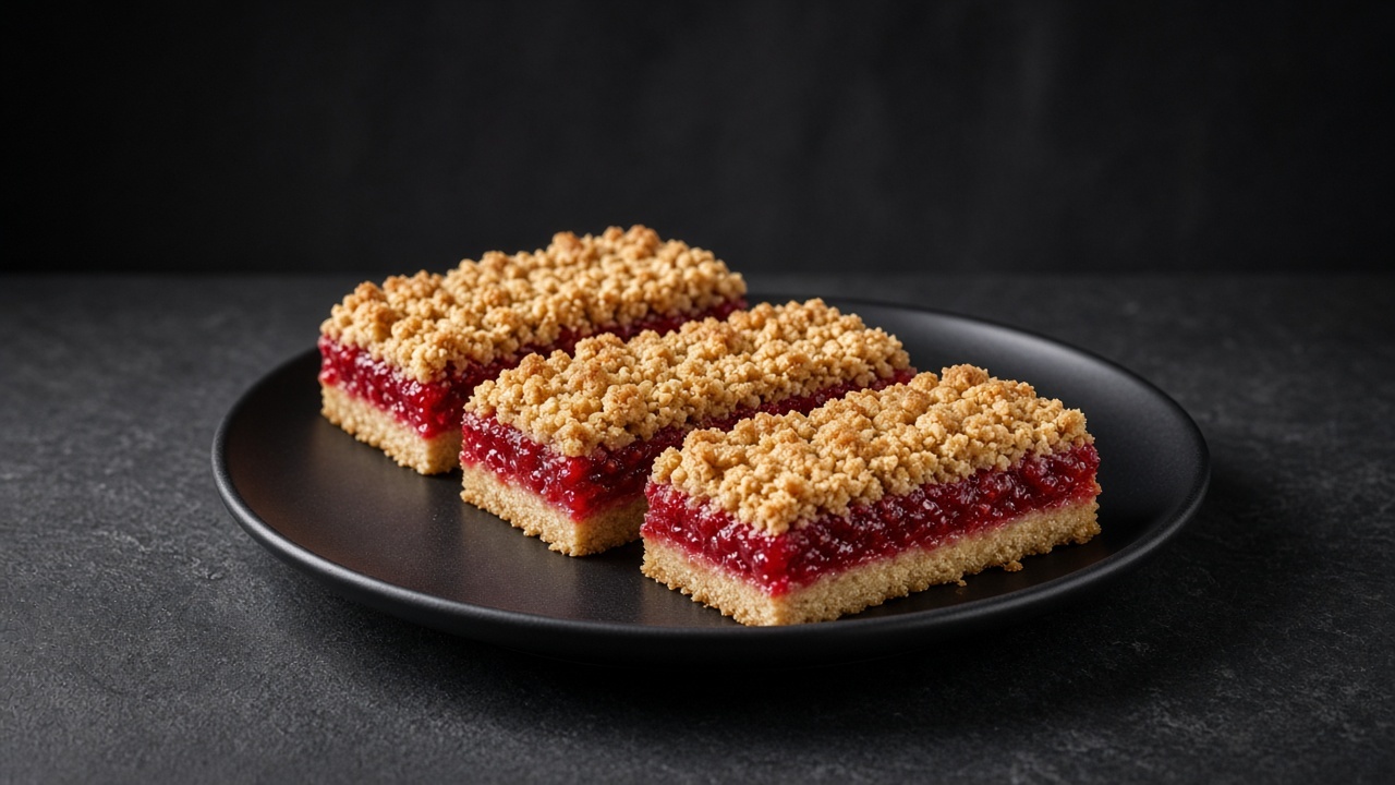 Shortbread bars with a red raspberry layer and a golden oat streusel top.