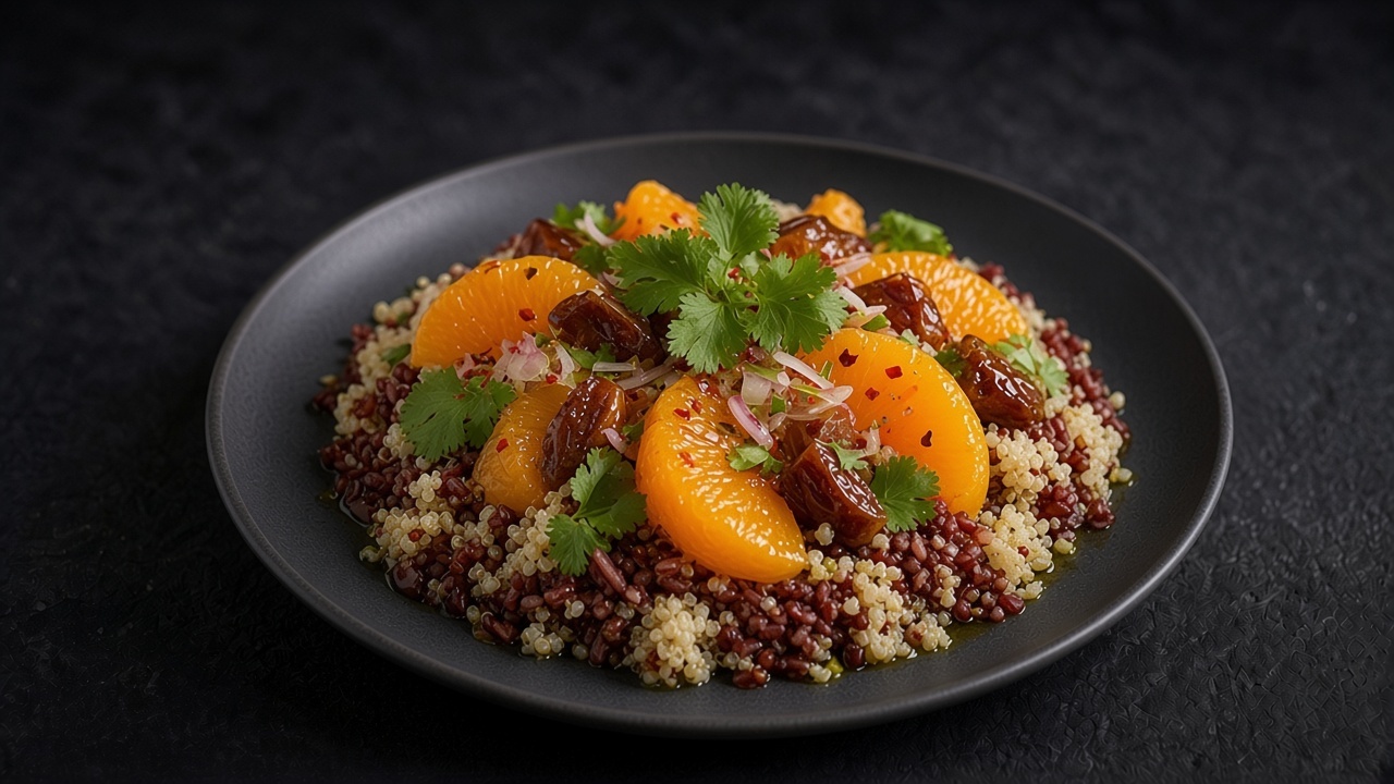 Red rice and white quinoa salad with orange segments, chopped dates and cilantro leaves on a matte dark plate.