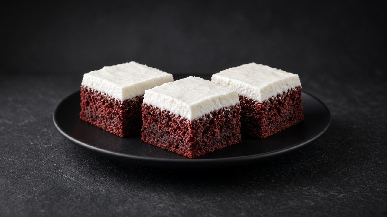 Deep red brownie squares topped with a thick layer of white cream cheese frosting.