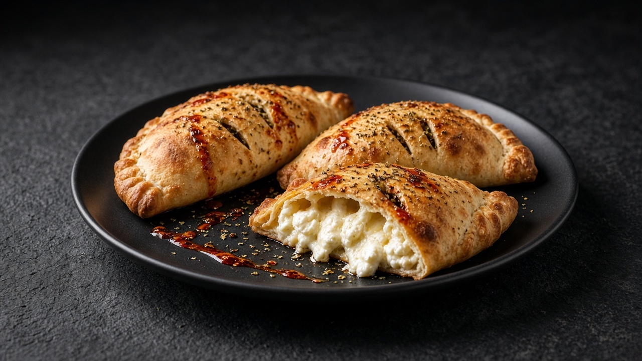 Three golden-brown calzones with slits on top, drizzled with red chilli oil and dried oregano, one cut open to show a white ricotta and mozzarella filling.