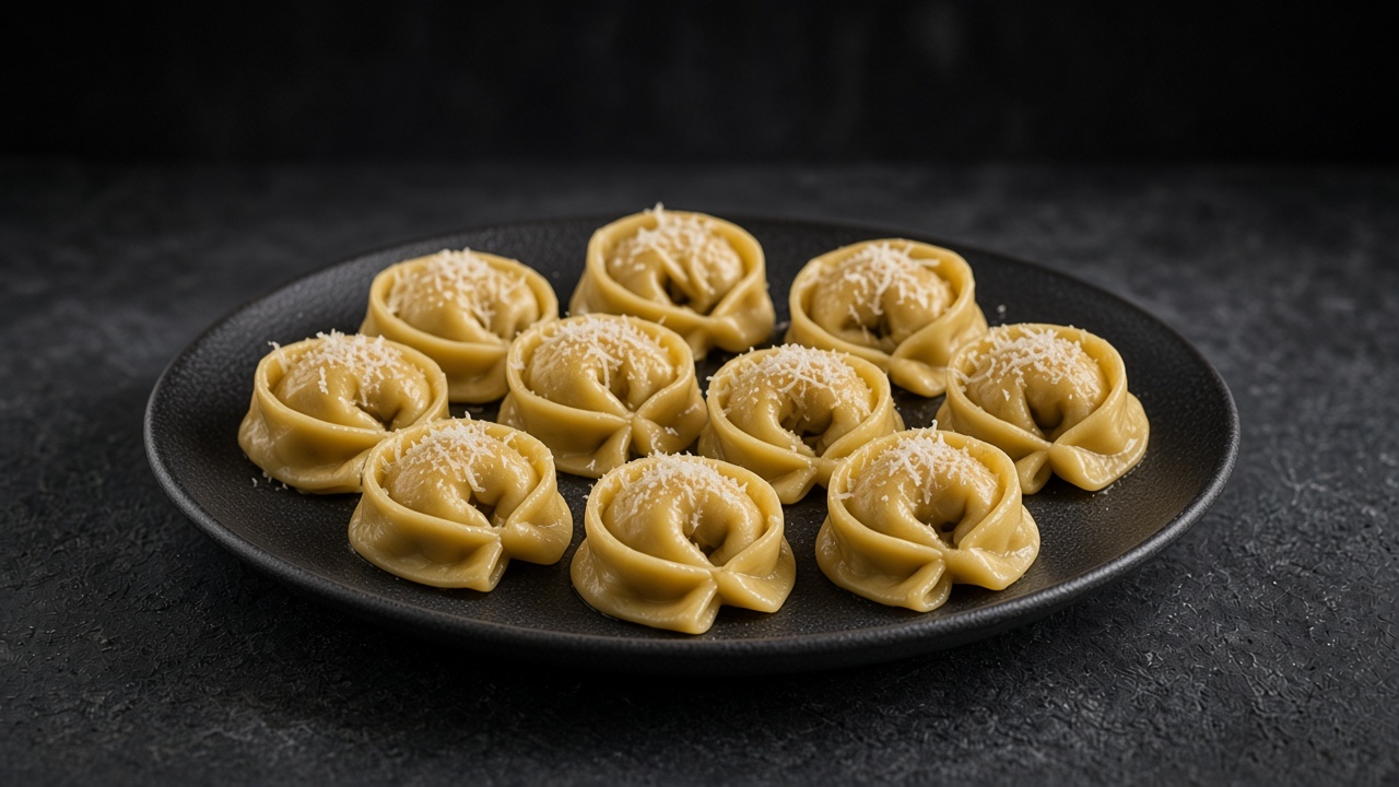 Half-moon ricotta tortelloni glossed with melted butter and grated Parmesan on a matte dark plate.