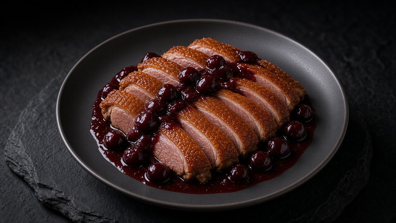 Sliced roast duck with deep golden-brown skin, fanned on a matte dark plate and spooned with a glossy dark red cherry sauce.