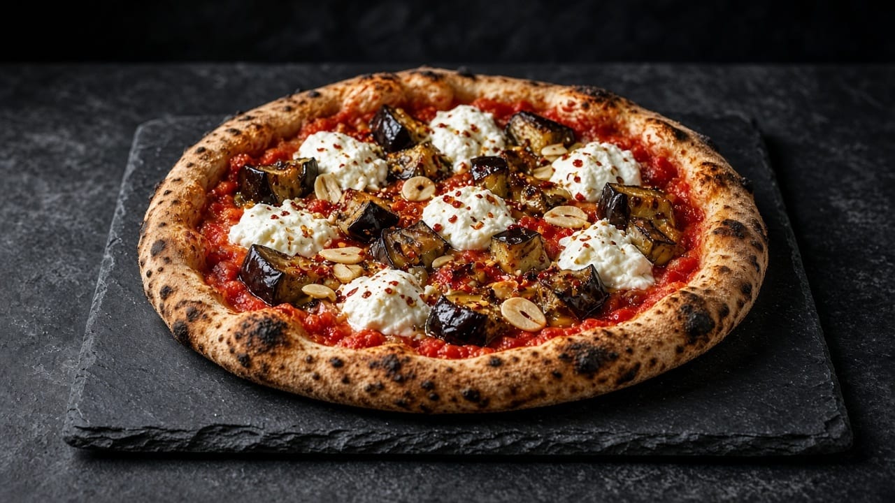 Stone-baked pizza with roasted aubergine chunks, tears of fresh buffalo mozzarella, garlic slices and a scatter of chilli.