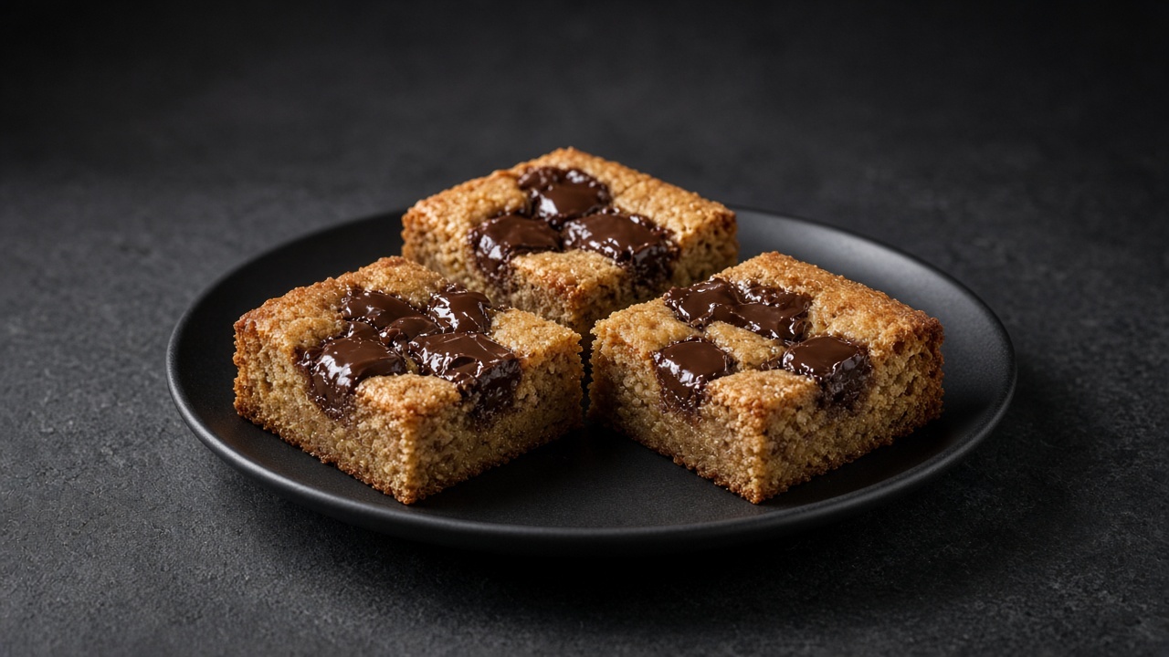 Golden banana blondie squares with melted dark chocolate pieces on top.
